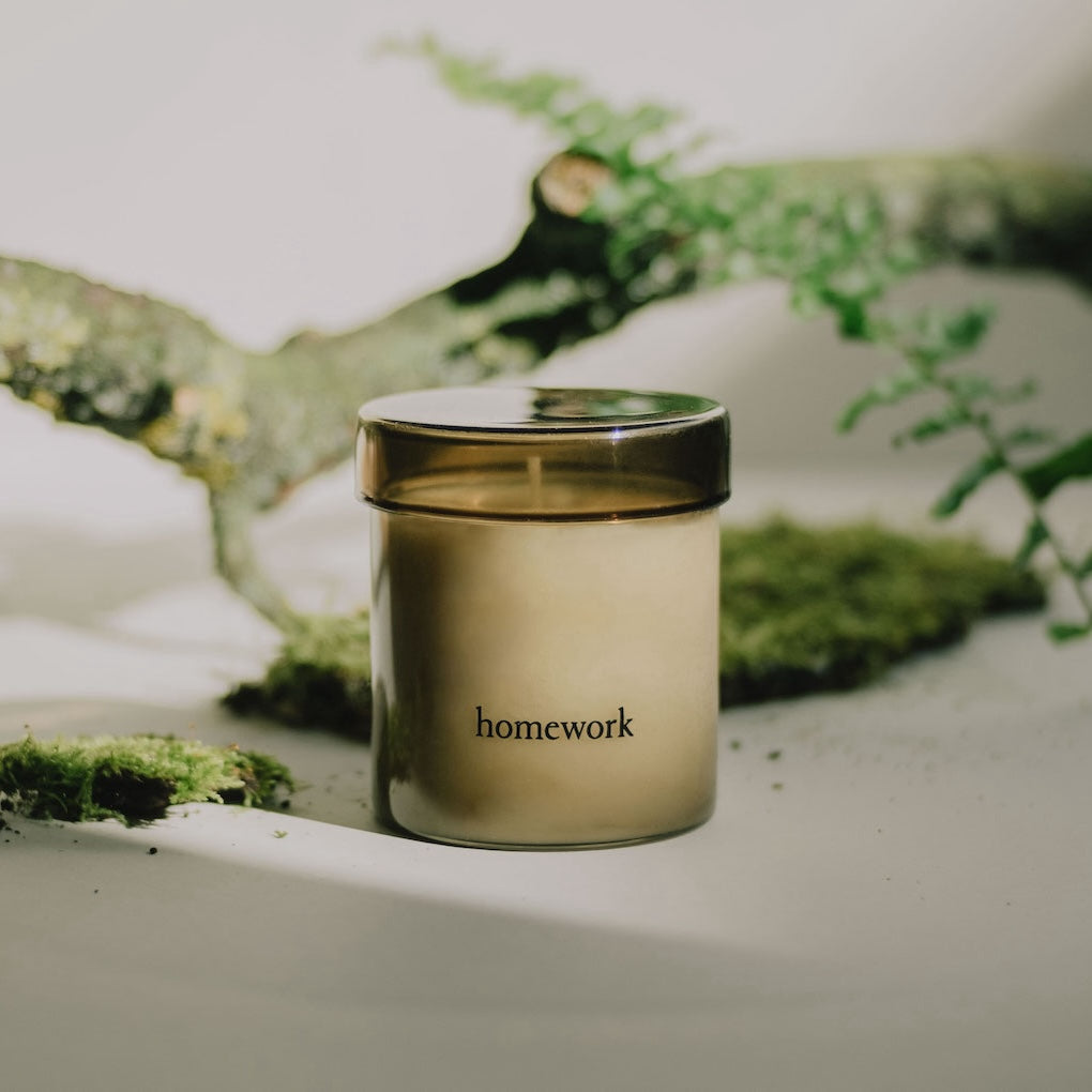 a candle by Homework Store in a glass jar with a lid in front of a branch. 