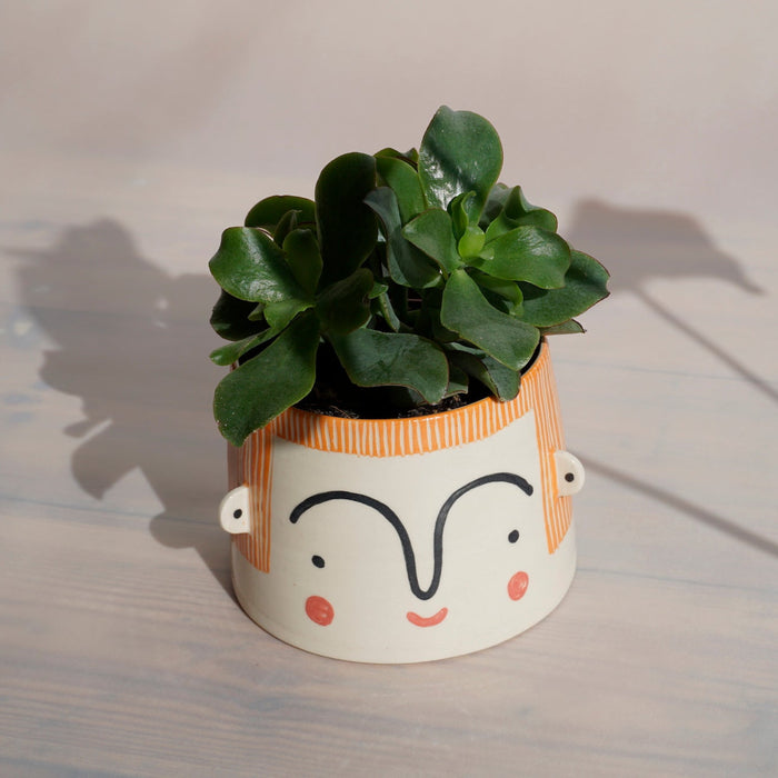 an orange planter with a big face painted onto it and a dark green plant. 