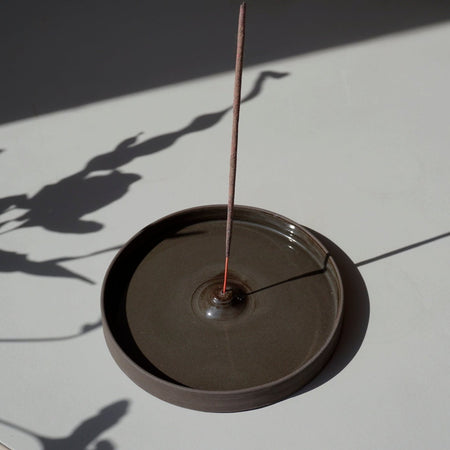 a dark incense stick in bright sunshine on a light grey table and shadows of plants cast on it. 