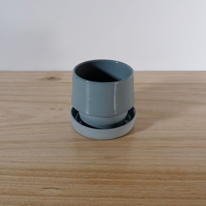 a light blue planter on a wooden table. 