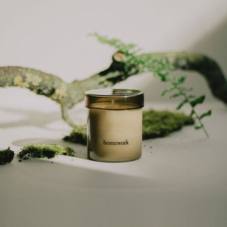 Homework Essential Oil Vegan Candle in front of a branch. 