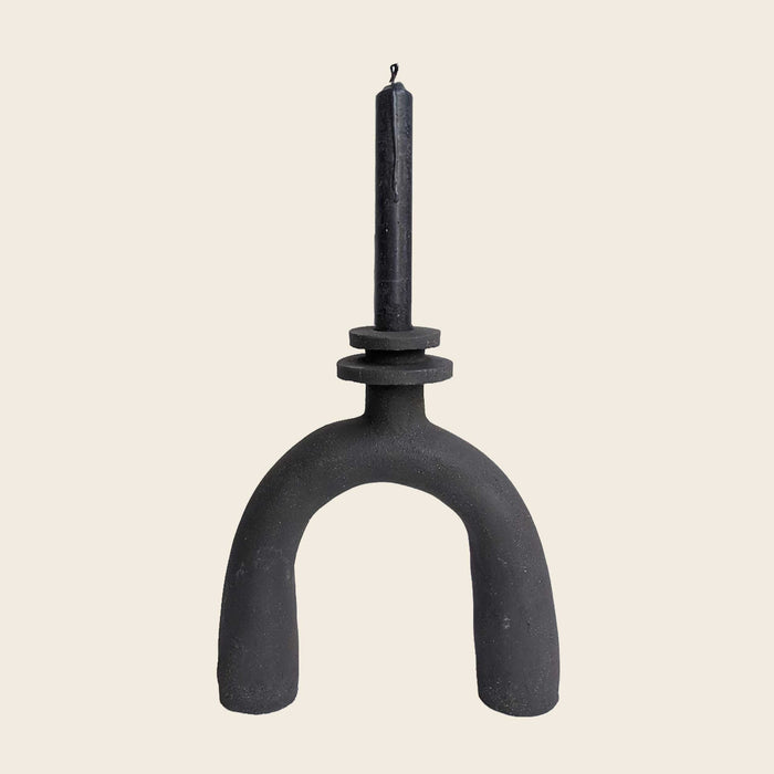 Large handmade sculptural black candlestick holder by HoodMor Ceramics in a black textured clay. 