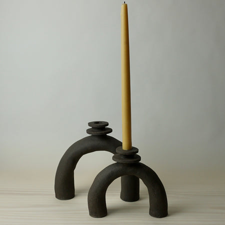 two double disc leggy candlestick holders, handmade in black clay by HoodMor