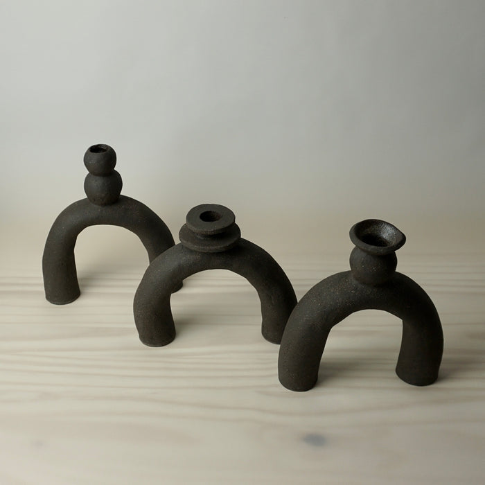 three leggy candlestick holders, handmade in black clay by HoodMor