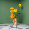 yellow flowers in a handmade ceramic vase with a drip brown glaze on a bright green background. 