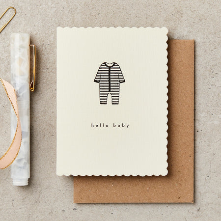 hello new baby card by Katie Leamon with a baby grow on the front. 