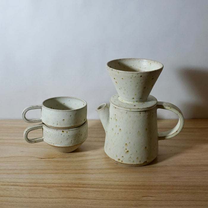 Mae Ceramics Ridge Cup with coffee pot and V60 coffee dripper. 