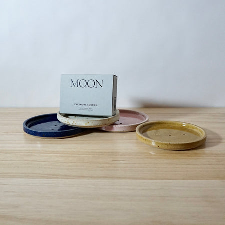 Mae Ceramics handmade soap dish with an Evermore London Moon Soap. 