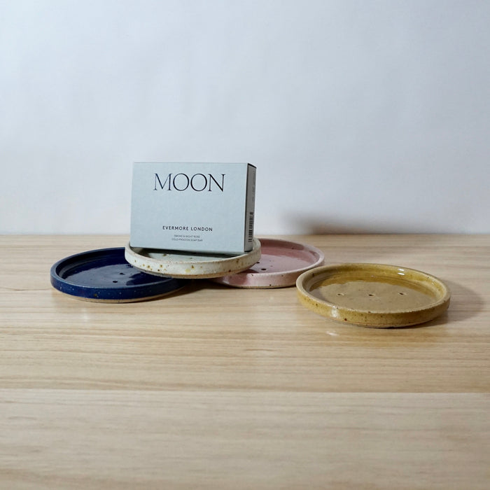Mae Ceramics handmade soap dish with an Evermore London Moon Soap. 