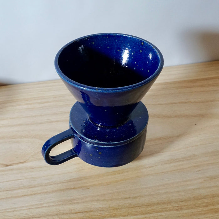 Mae Ceramics Cobalt V60 handmade coffee dripper with a cobalt ridge cup. 