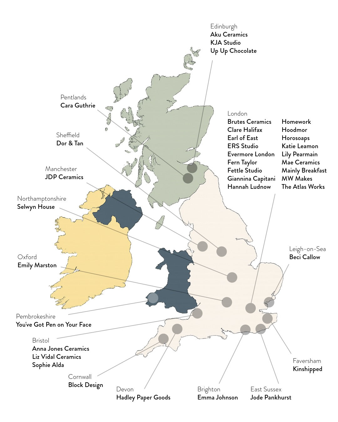 Map of UK Craftsmanship represented in the Artists and Makers of Kentish Town Stores  