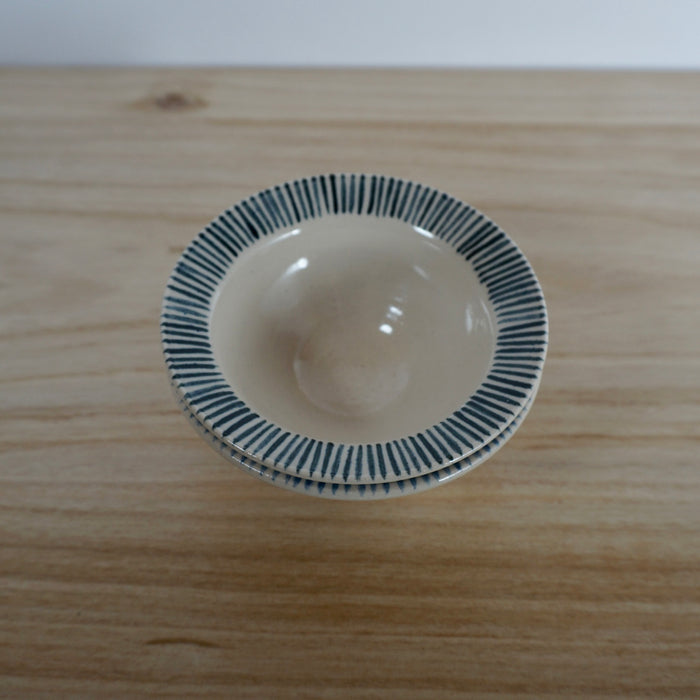 navy stripped handmade ceramic snack bowl. 