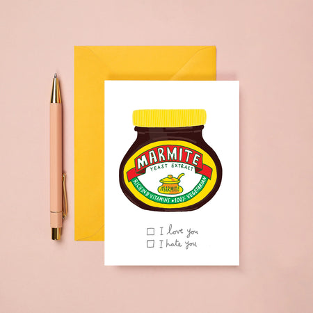 card with a drawing of marmite and tick boxes underneath to make I love you or I hate you. 