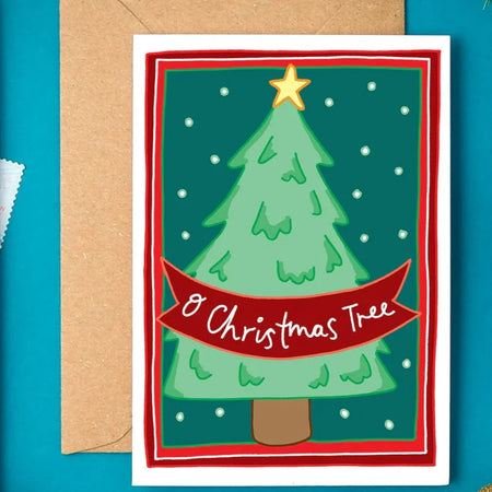 illustrated mini christmas card of a tree and a banner that reads O Christmas Tree. 