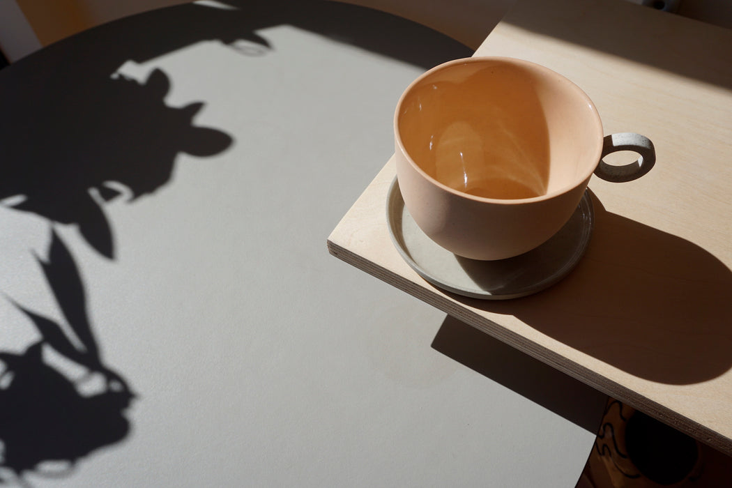 a peach speckle ceramic mug and a grey saucer on a birch ply shelf in the sunlight. 