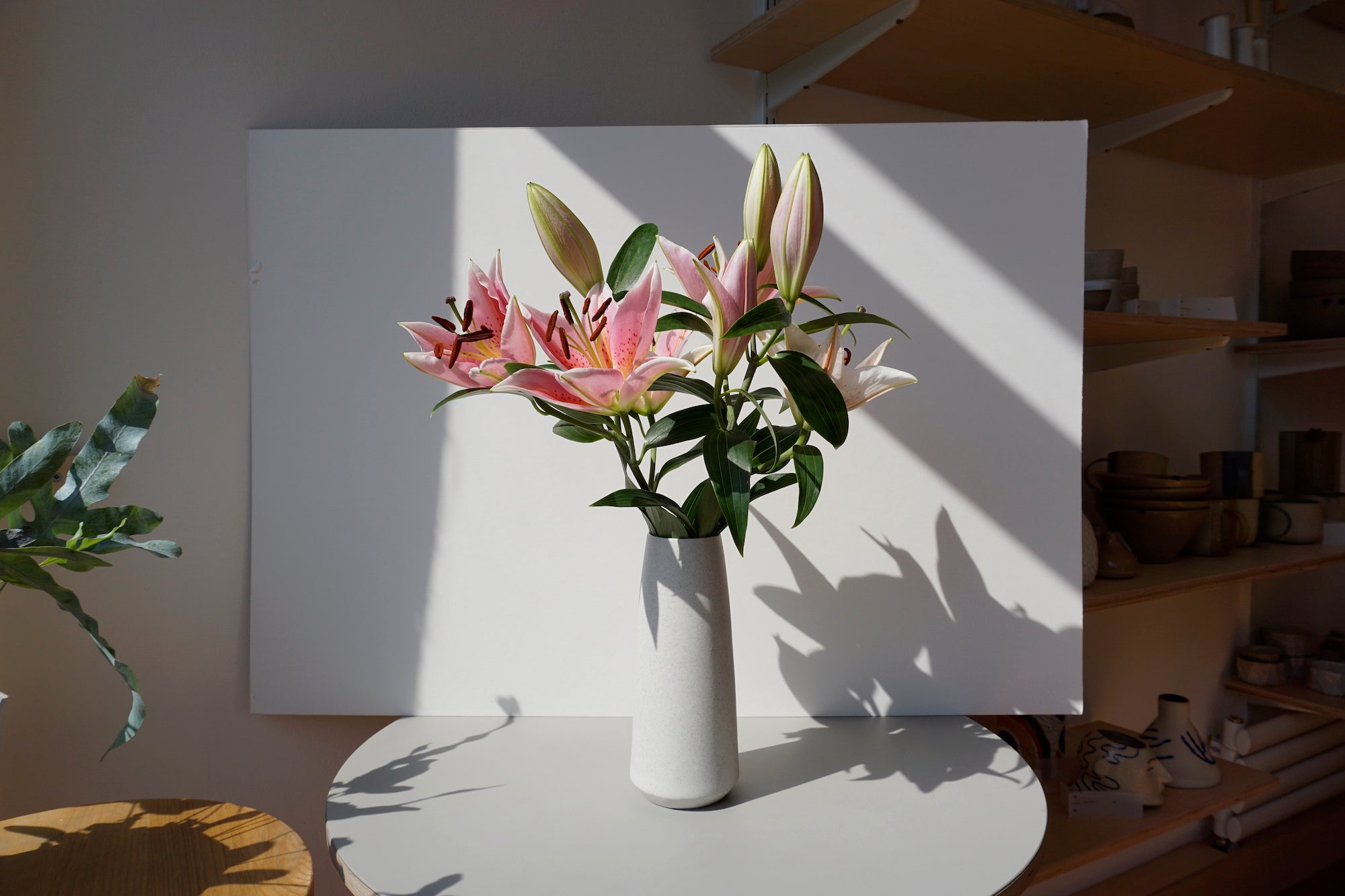 white tall porcelain vase by Anna Jones with a bunch of lilies in the sunlight with shadows